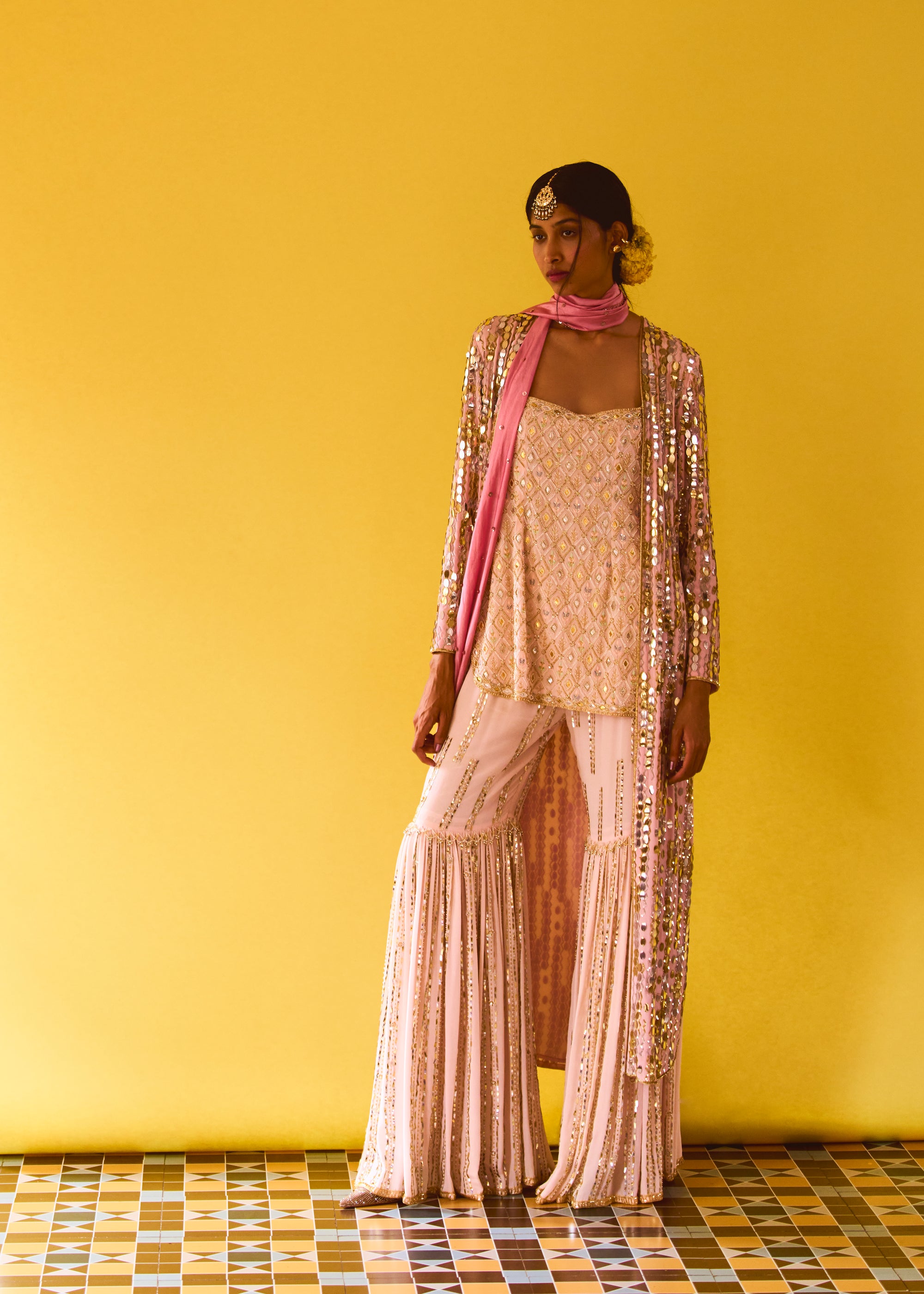 Lotus Slip Beadwork Kurta & Sequin Sharara, Surya Sequin Jacket