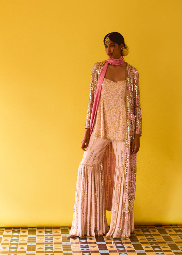 Lotus Slip Beadwork Kurta & Sequin Sharara, Surya Sequin Jacket