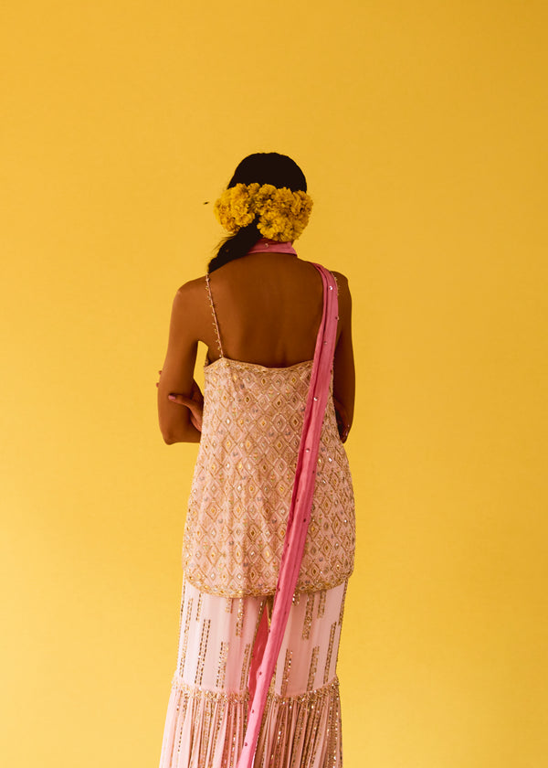 Lotus Slip Kurta, Lotus Sequin Gharara & Rose Pink Stole