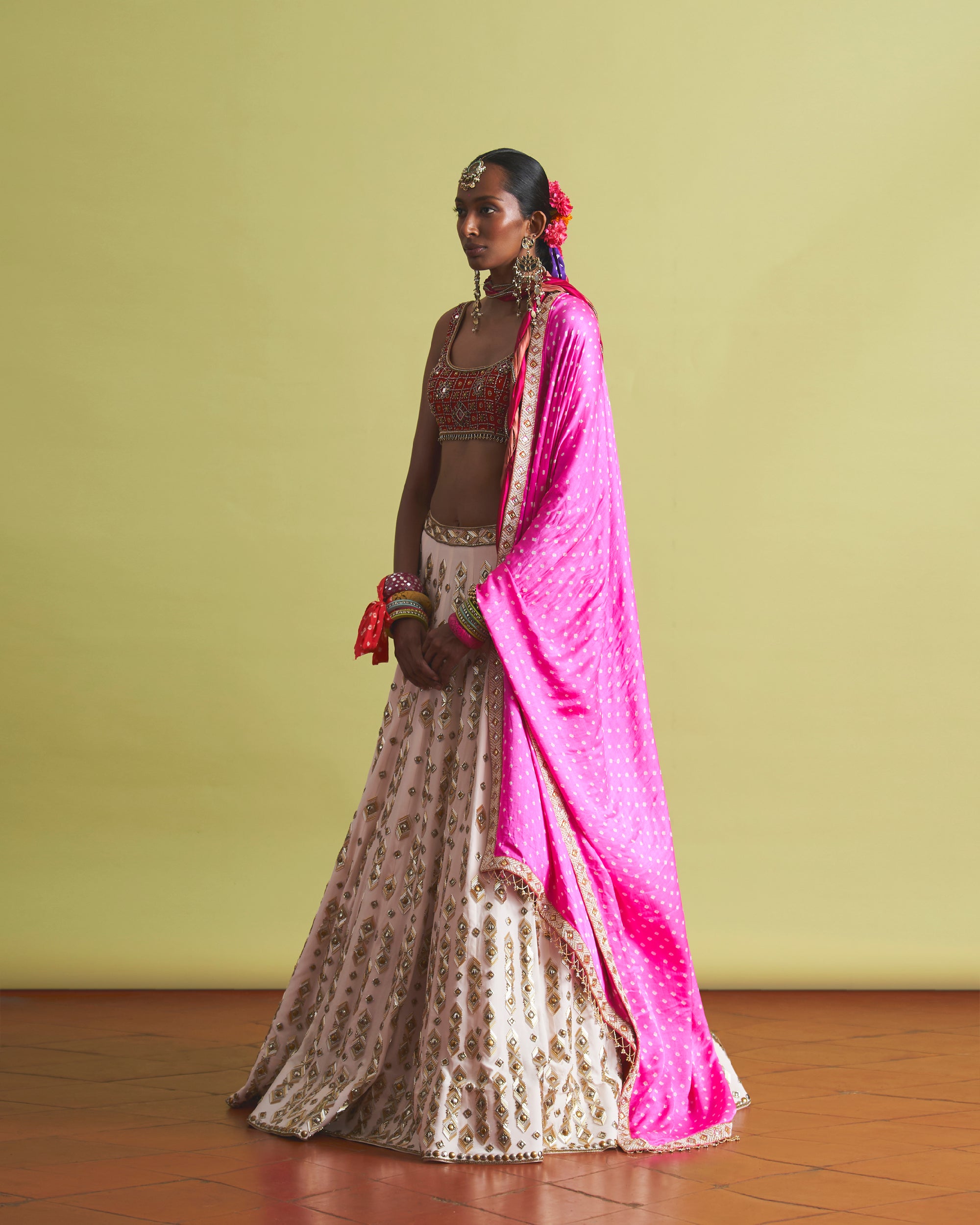 Shyne Lehenga & Crimson Blouse With Gulabi Dupatta