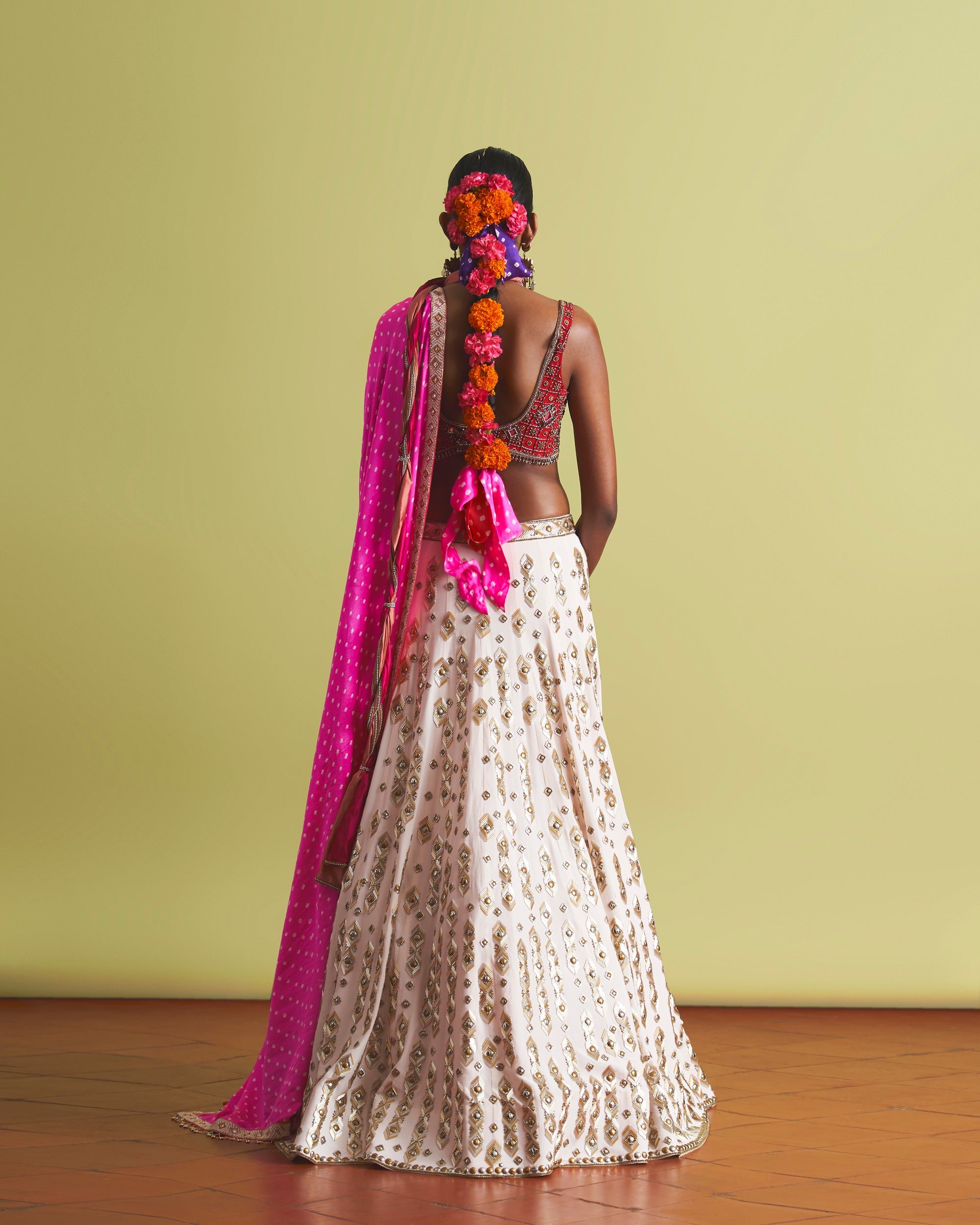 Shyne Lehenga & Crimson Blouse With Gulabi Dupatta
