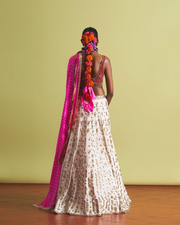 Shyne Lehenga & Crimson Blouse With Gulabi Dupatta