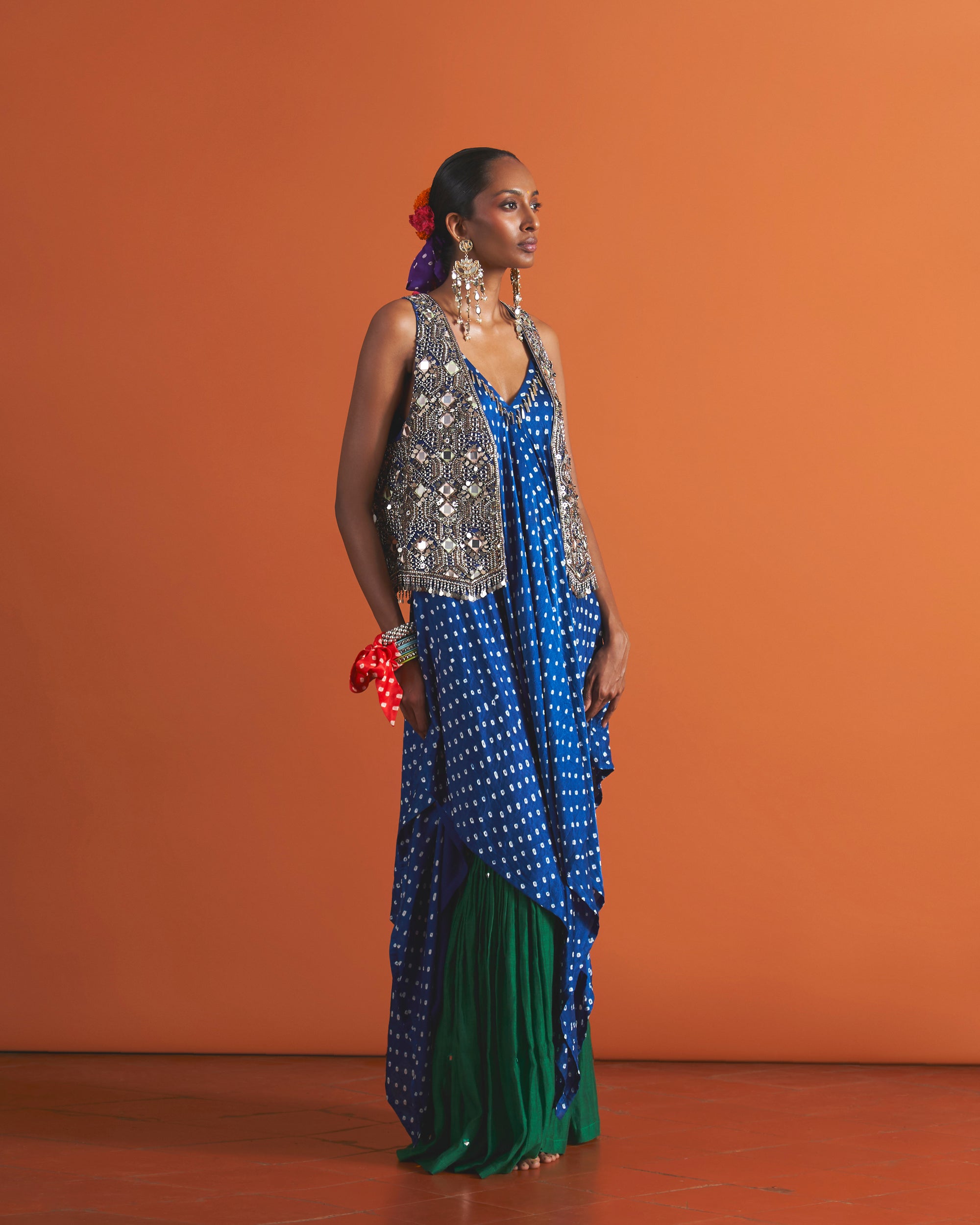 Cerulean Dress, Royal Waistcoat & Forest Green Gharara