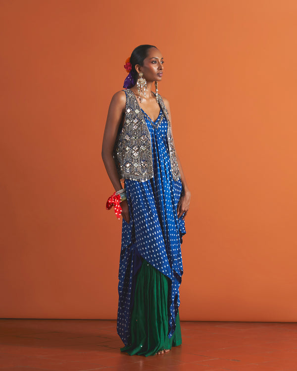 Cerulean Dress, Royal Waistcoat & Forest Green Gharara