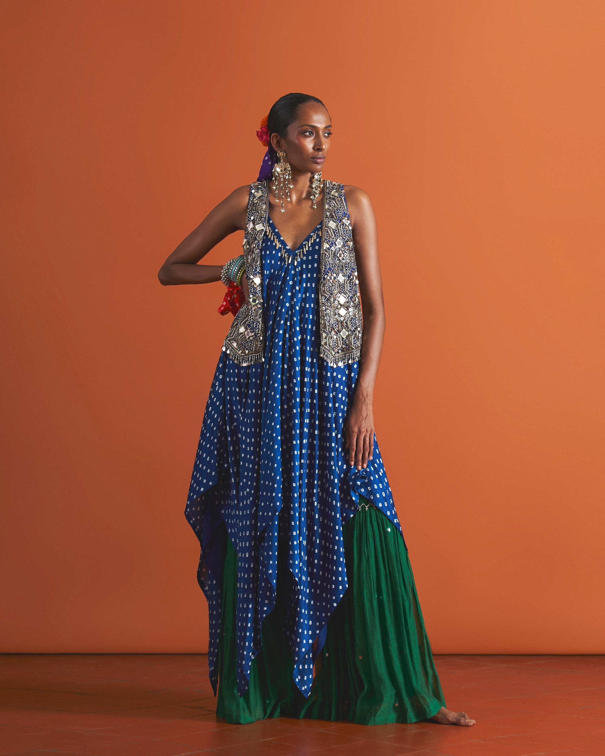 Cerulean Dress, Royal Waistcoat & Forest Green Gharara