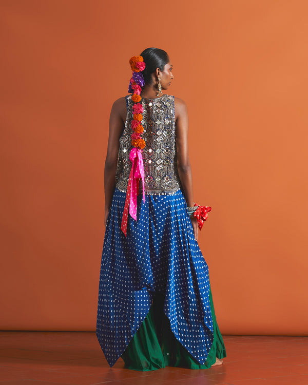 Cerulean Dress, Royal Waistcoat & Forest Green Gharara