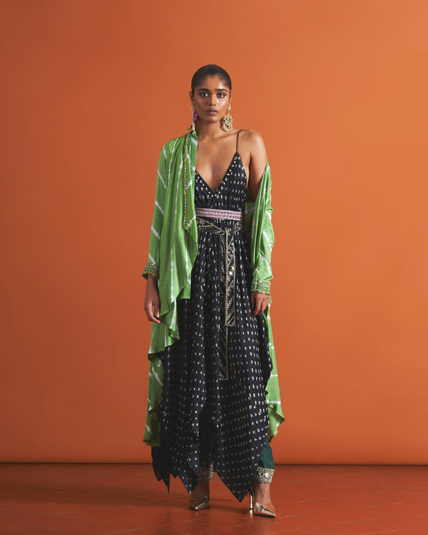 Noir Handkerchief, Sage Jacket With Jade Green Straight Pants