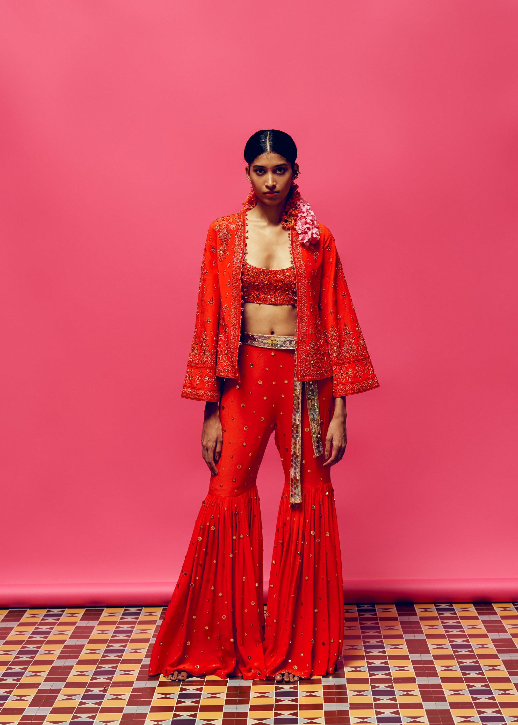 ‘Siren’ Embroidered Beadwork Jacket, Sequin sharara And Sequin Blouse
