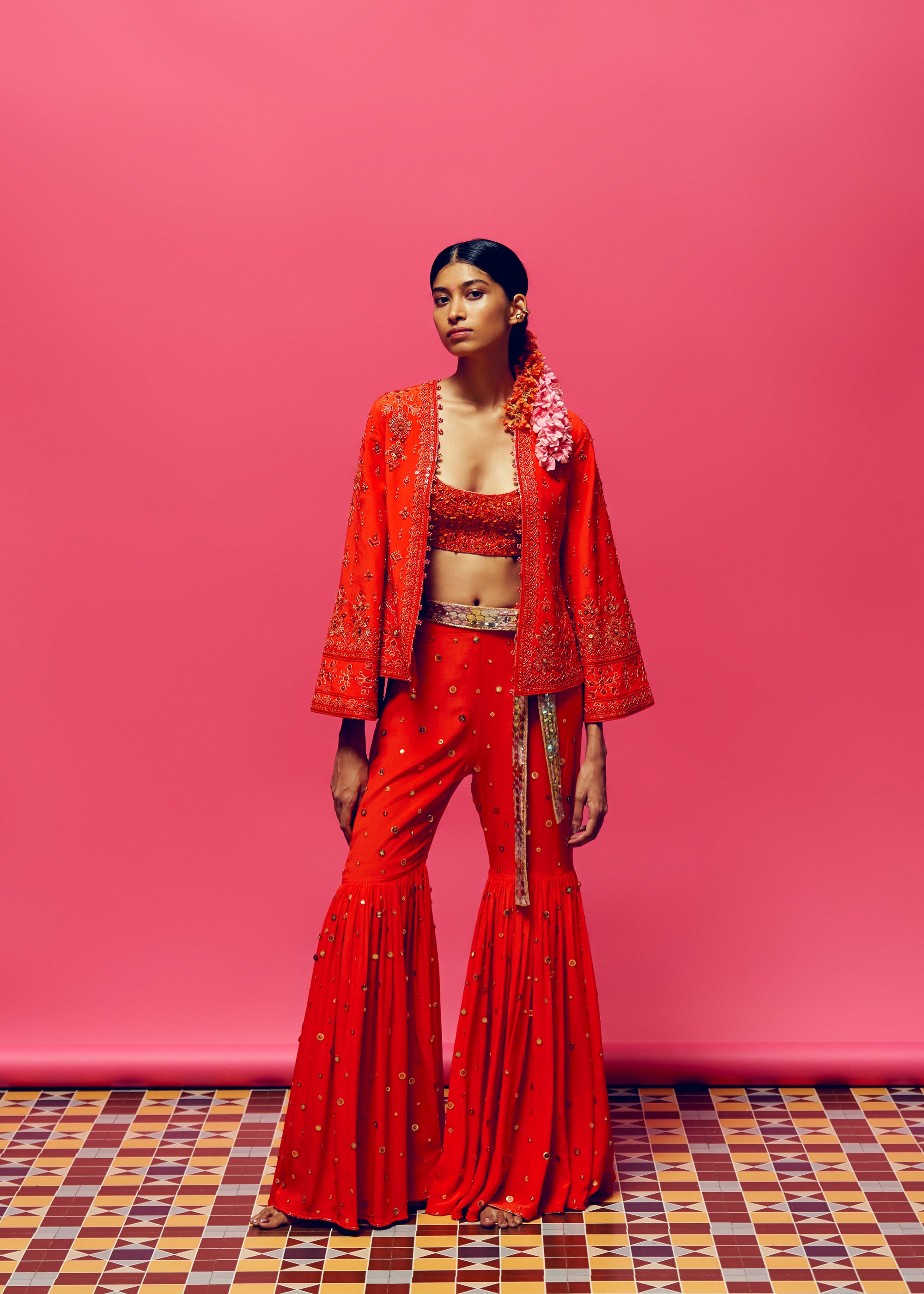 ‘Siren’ Embroidered Beadwork Jacket, Sequin sharara And Sequin Blouse