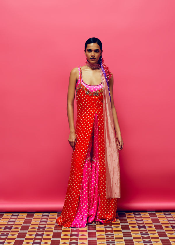 Dahlia Bandhani Slit Kurta, Gulabi Bandhani blouse And Gulabi Gharara