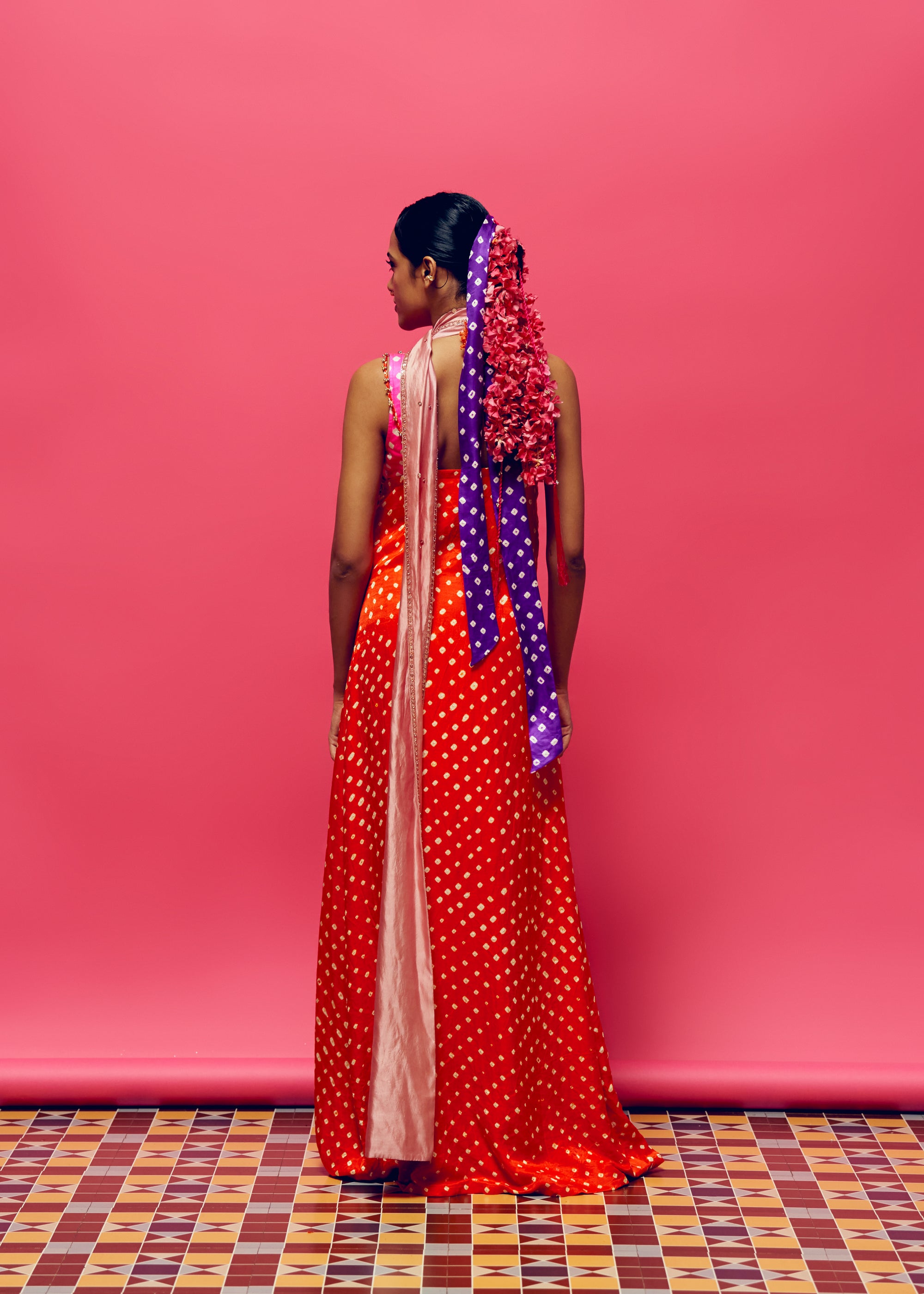 Dahlia Bandhani Slit Kurta, Gulabi Bandhani blouse And Gulabi Gharara