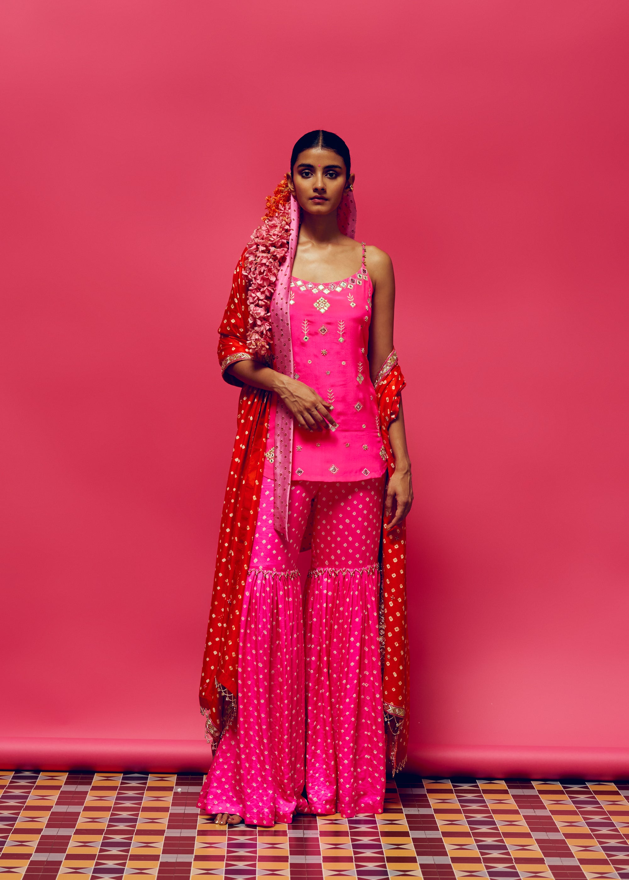 Gulabi Embroidered Slip Kurta, Gulabi bandhani Gharara With Dahlia Bandhani embellished Dupatta