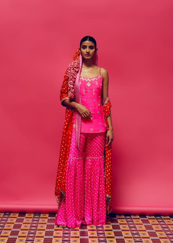 Gulabi Embroidered Slip Kurta, Gulabi bandhani Gharara With Dahlia Bandhani embellished Dupatta