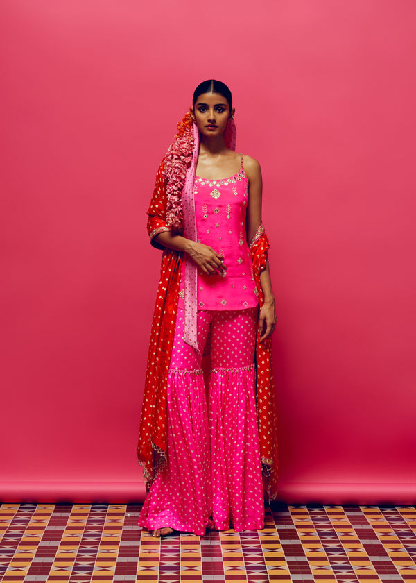 Gulabi Embroidered Slip Kurta, Gulabi bandhani Gharara With Dahlia Bandhani embellished Dupatta
