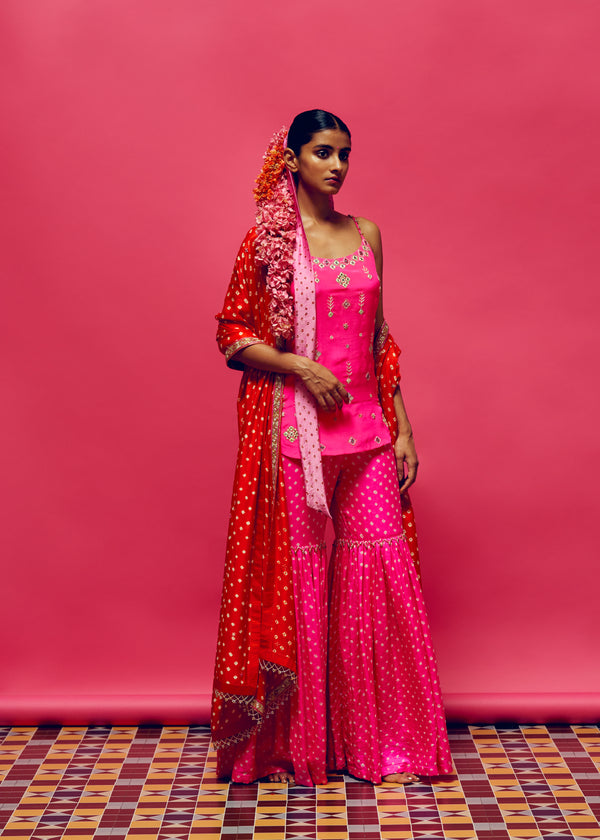 Gulabi Embroidered Slip Kurta, Gulabi bandhani Gharara With Dahlia Bandhani embellished Dupatta