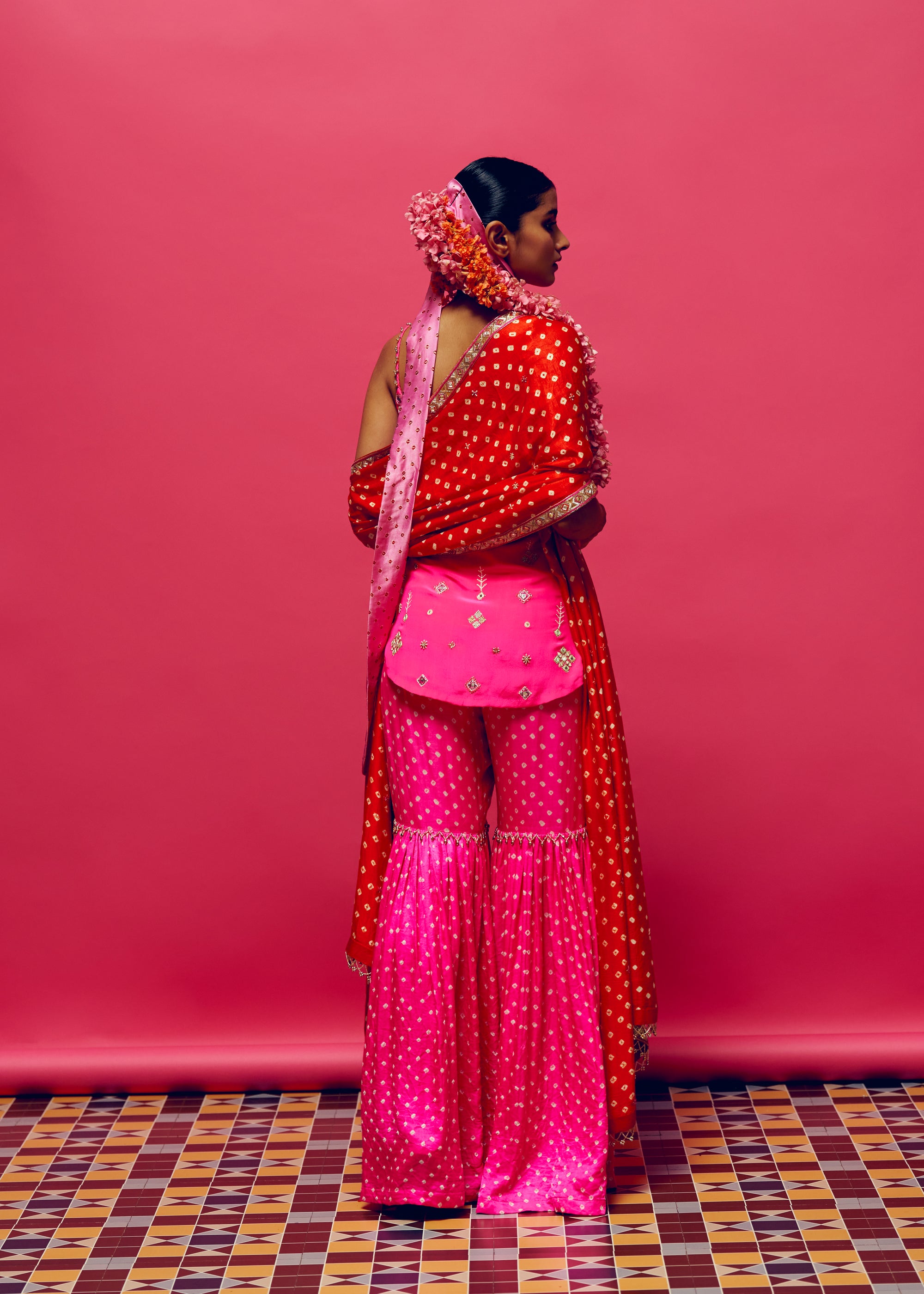 Gulabi Embroidered Slip Kurta, Gulabi bandhani Gharara With Dahlia Bandhani embellished Dupatta