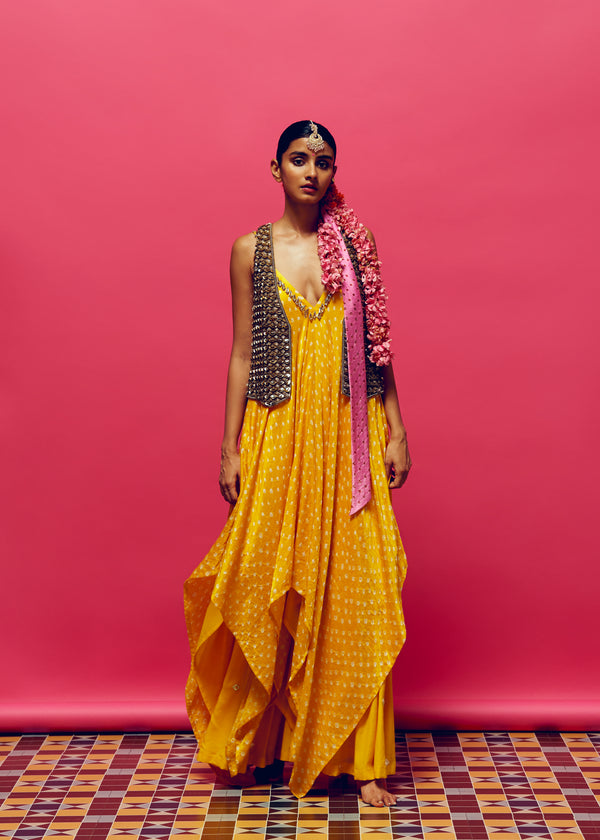 Sunflower’ Bandhani Kurta & ‘mirror, mirror’ Waistcoat