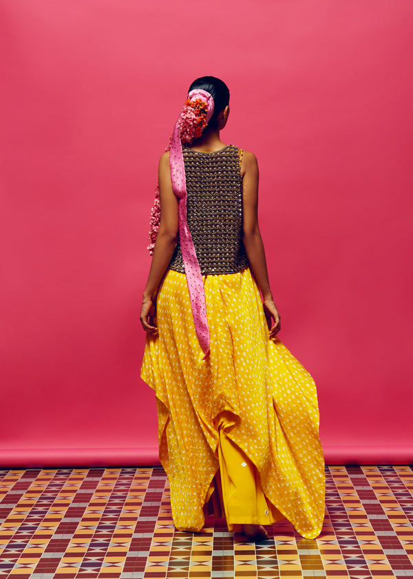 Sunflower’ Bandhani Kurta & ‘mirror, mirror’ Waistcoat