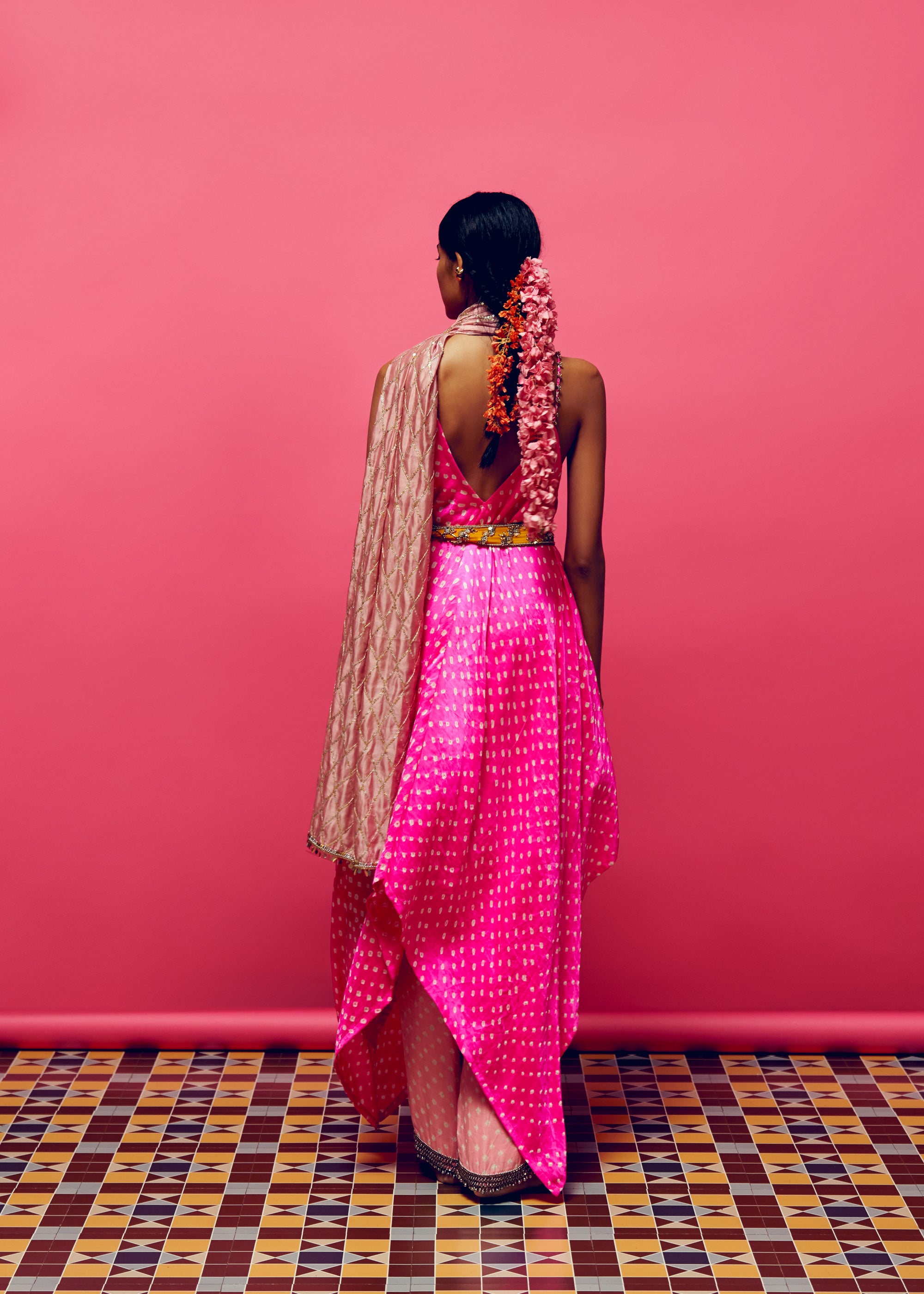 Gulabi Bandhani Handkerchief Kurta/dress, peony Straight Bandhani Pant With Peony diamond Embroidered Dupatta