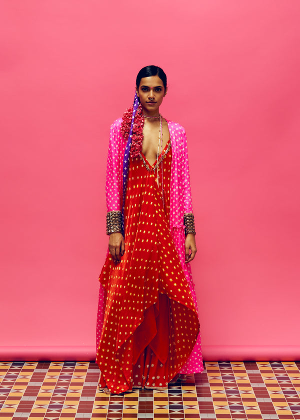 Gulabi Neon Pink Bandhani Tiered Jacket, dahlia Red Bandhani Hankerchief Kurta And ruby Red Pearl Flower Embroidered Gharara