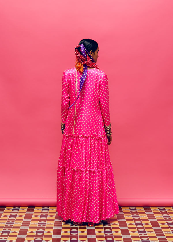 Gulabi Neon Pink Bandhani Tiered Jacket, dahlia Red Bandhani Hankerchief Kurta And ruby Red Pearl Flower Embroidered Gharara