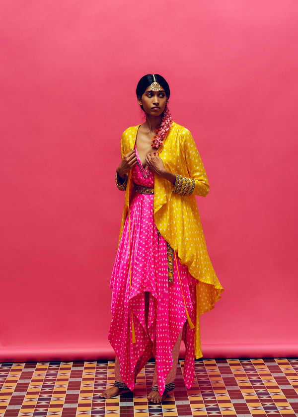 Gulabi’ Bandhani Kurta, ‘sunflower’ Bandhani jacket, ‘peony’ Bandhani Pant