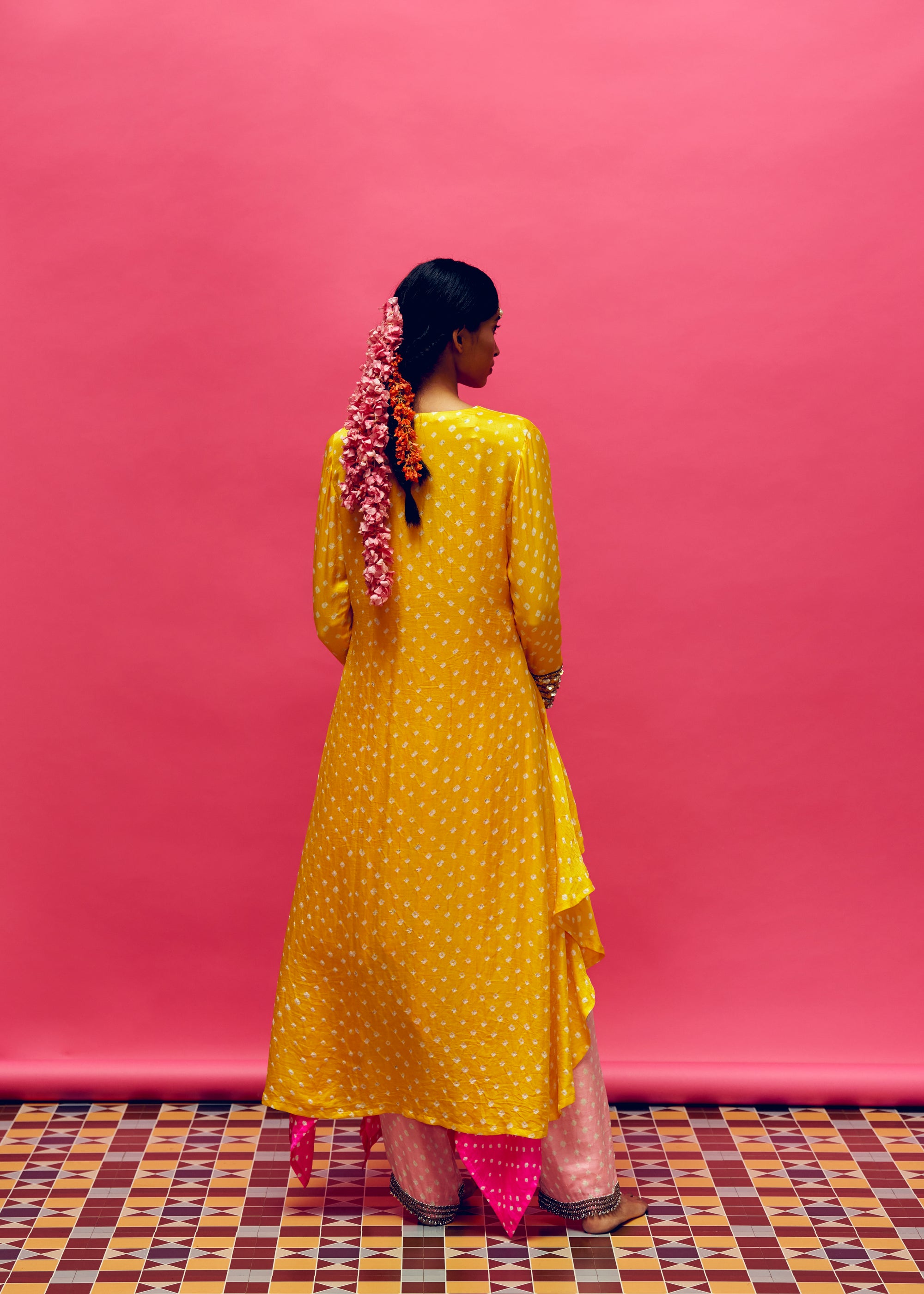 Gulabi’ Bandhani Kurta, ‘sunflower’ Bandhani jacket, ‘peony’ Bandhani Pant