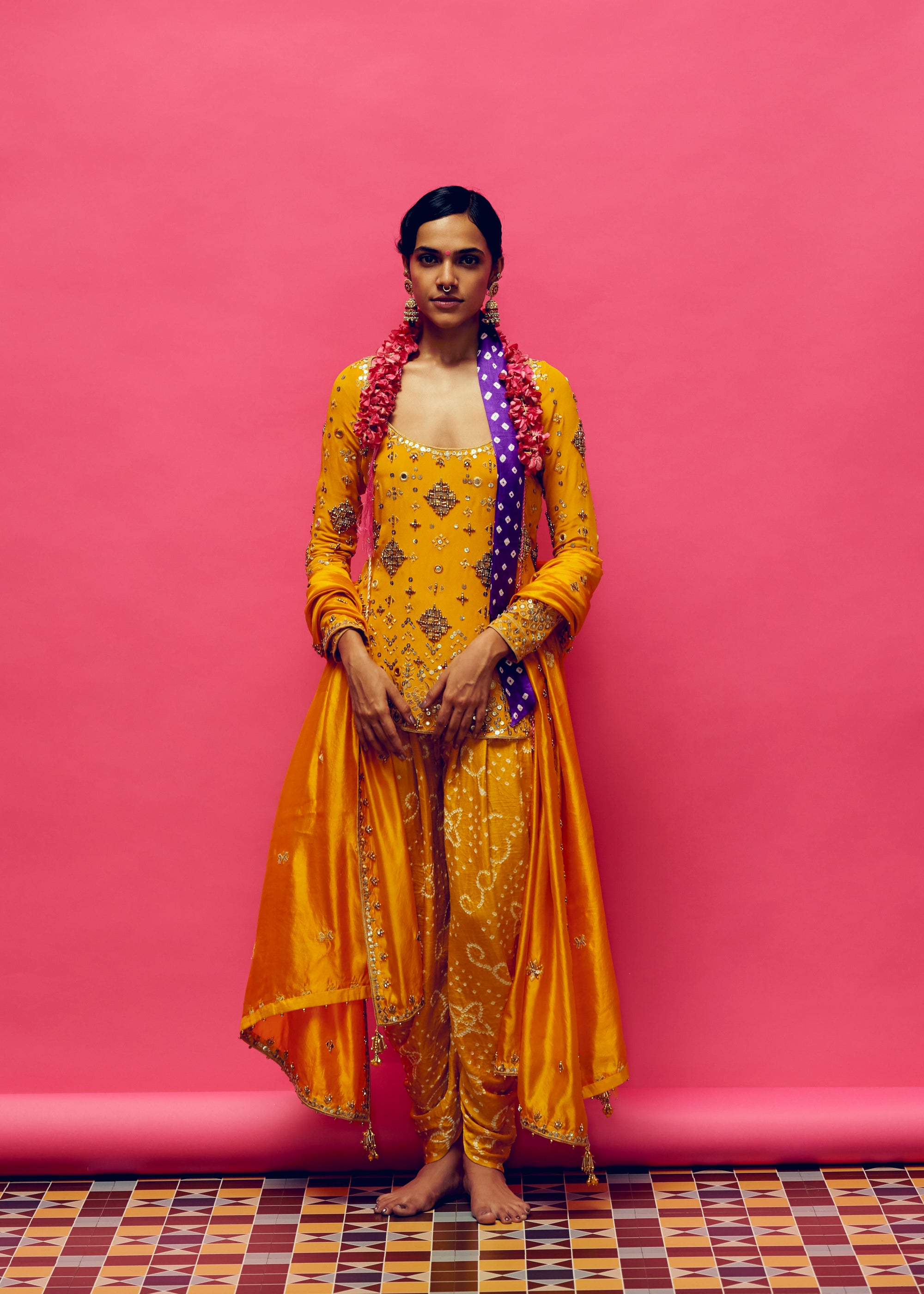 Daffodil Embroidered Short Kurta, Mustard bandhani Dhoti Pant And Mustard Organza Dupatta