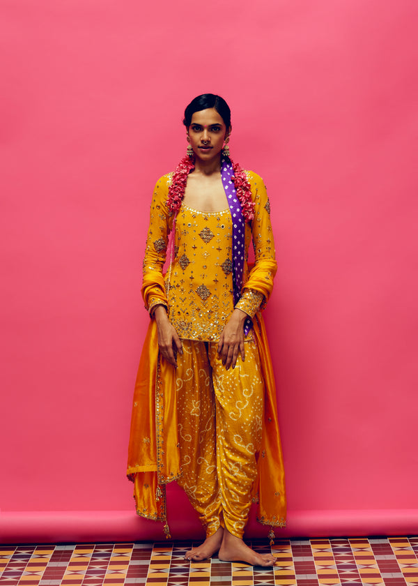 Daffodil Embroidered Short Kurta, Mustard bandhani Dhoti Pant And Mustard Organza Dupatta