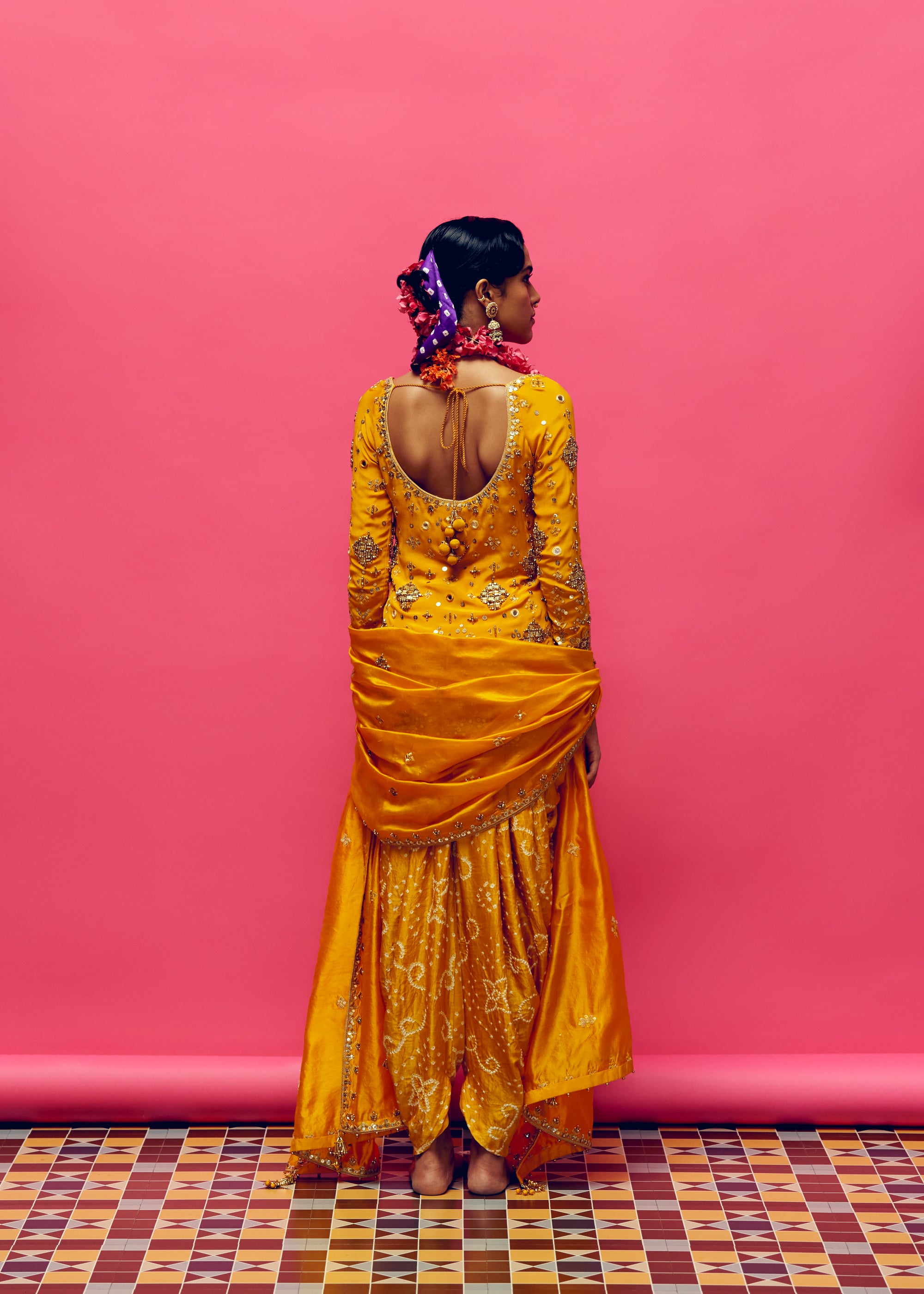 Daffodil Embroidered Short Kurta, Mustard bandhani Dhoti Pant And Mustard Organza Dupatta