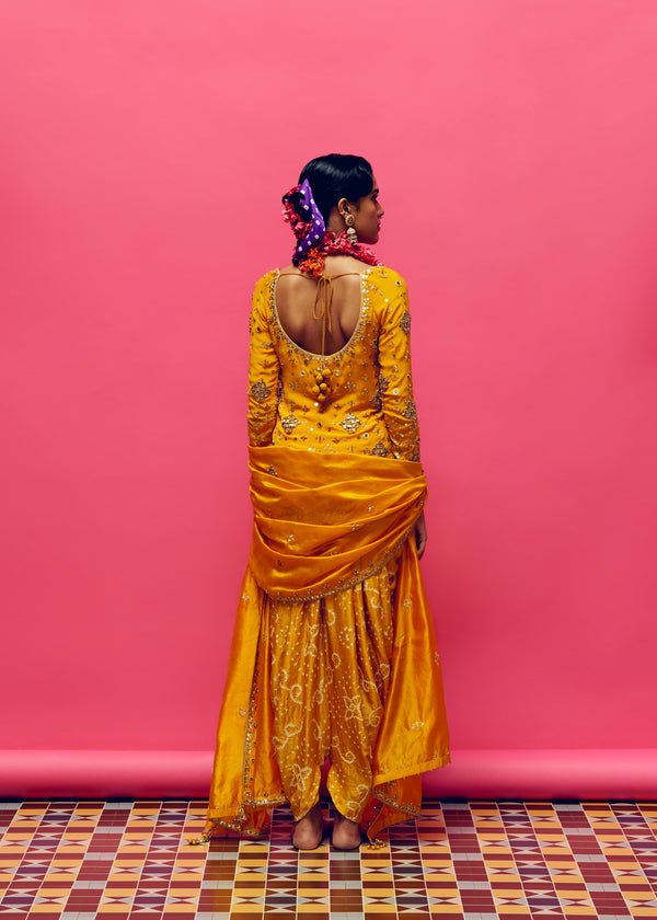 Daffodil Embroidered Short Kurta, Mustard bandhani Dhoti Pant And Mustard Organza Dupatta