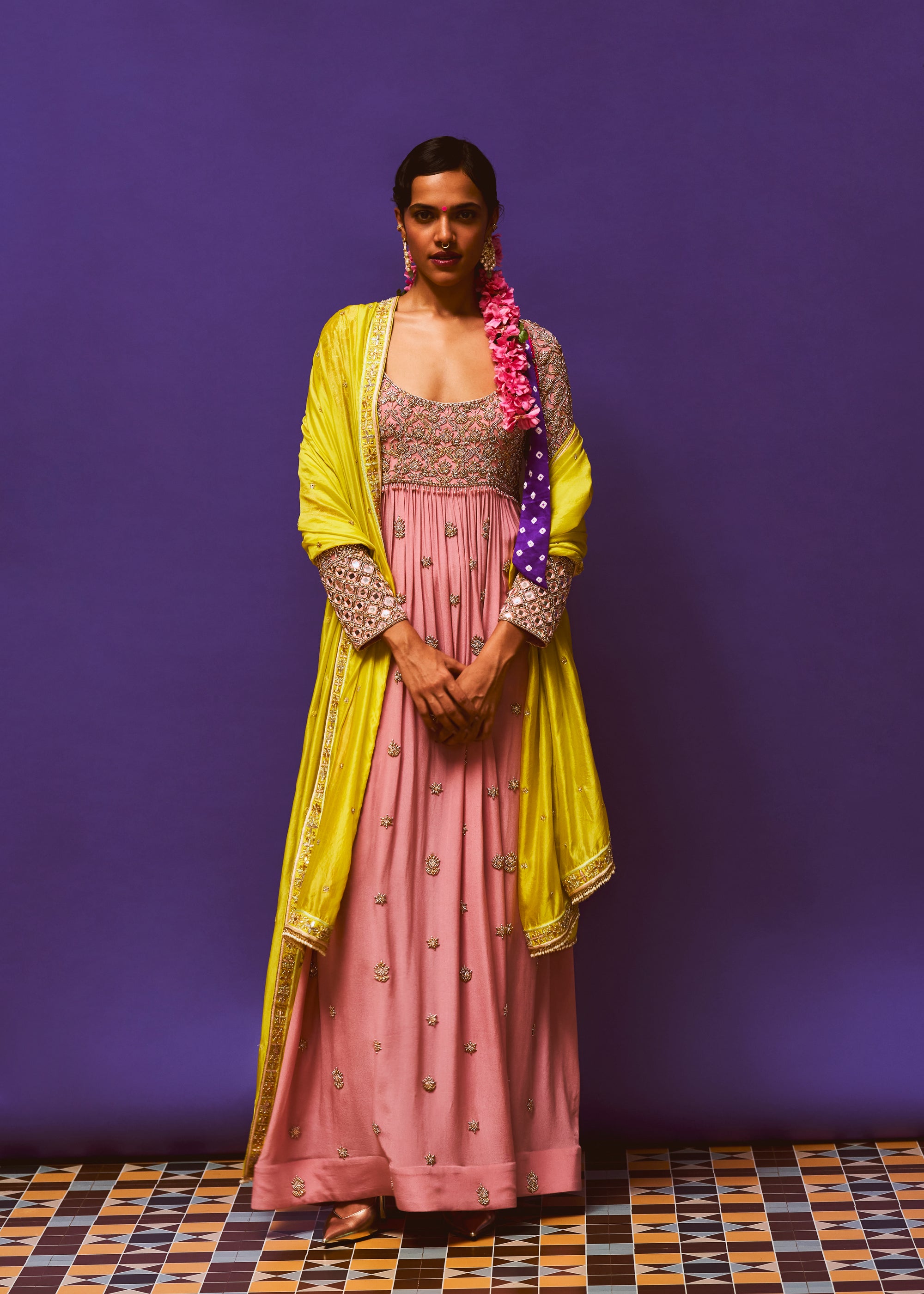 Bijou Rose Pink Embroidered Anarkali, Bijou rose Pink Benaras Pant, Lemon Neon Yellow embroidered Organza Dupatta