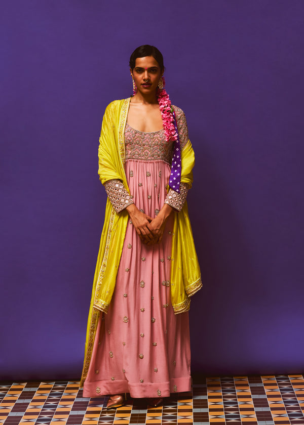 Bijou Rose Pink Embroidered Anarkali, Bijou rose Pink Benaras Pant, Lemon Neon Yellow embroidered Organza Dupatta