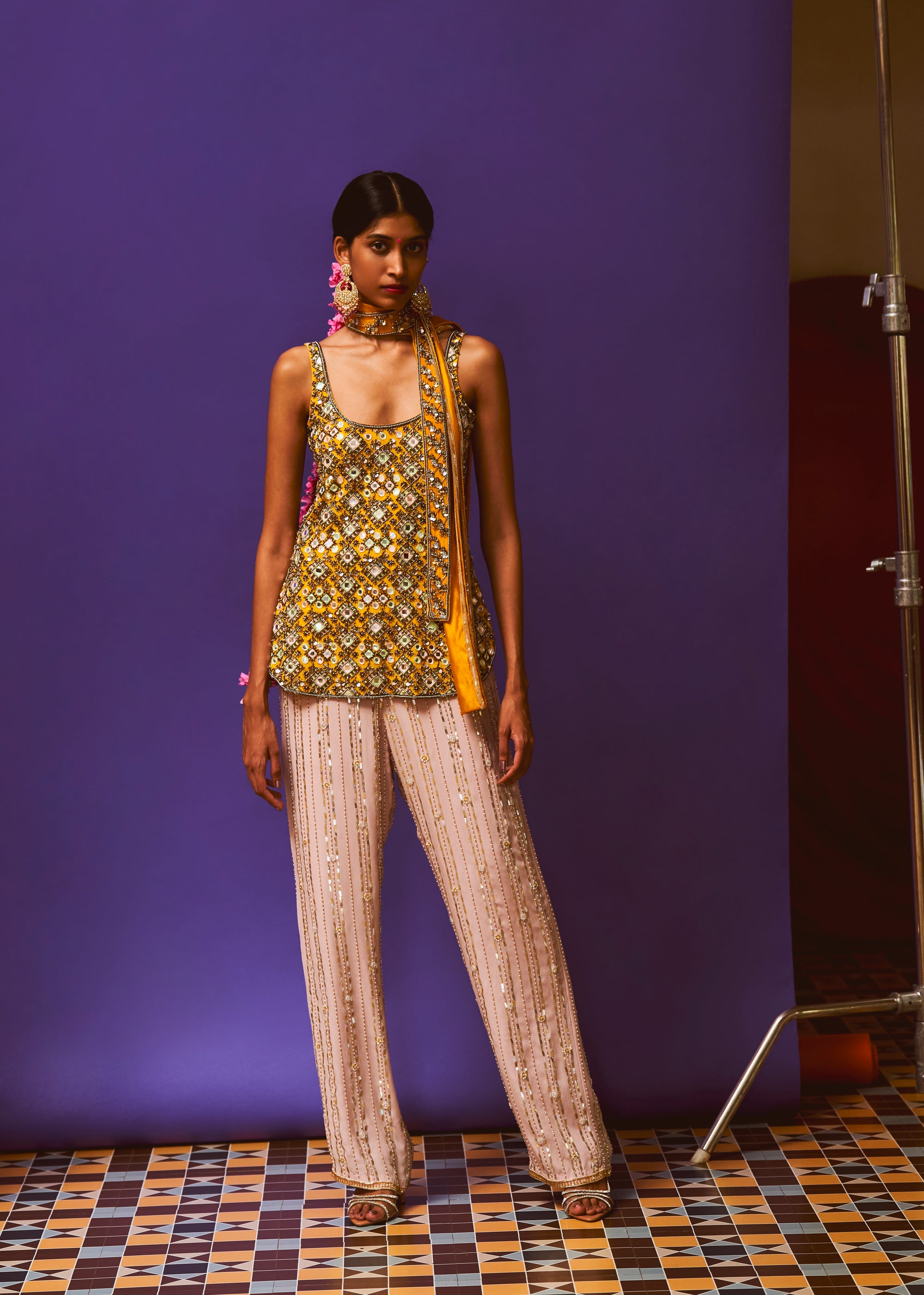 Saffron Mustard Embellished Short Kurta, Lilac sequin Straight Pant And Mustard Sash