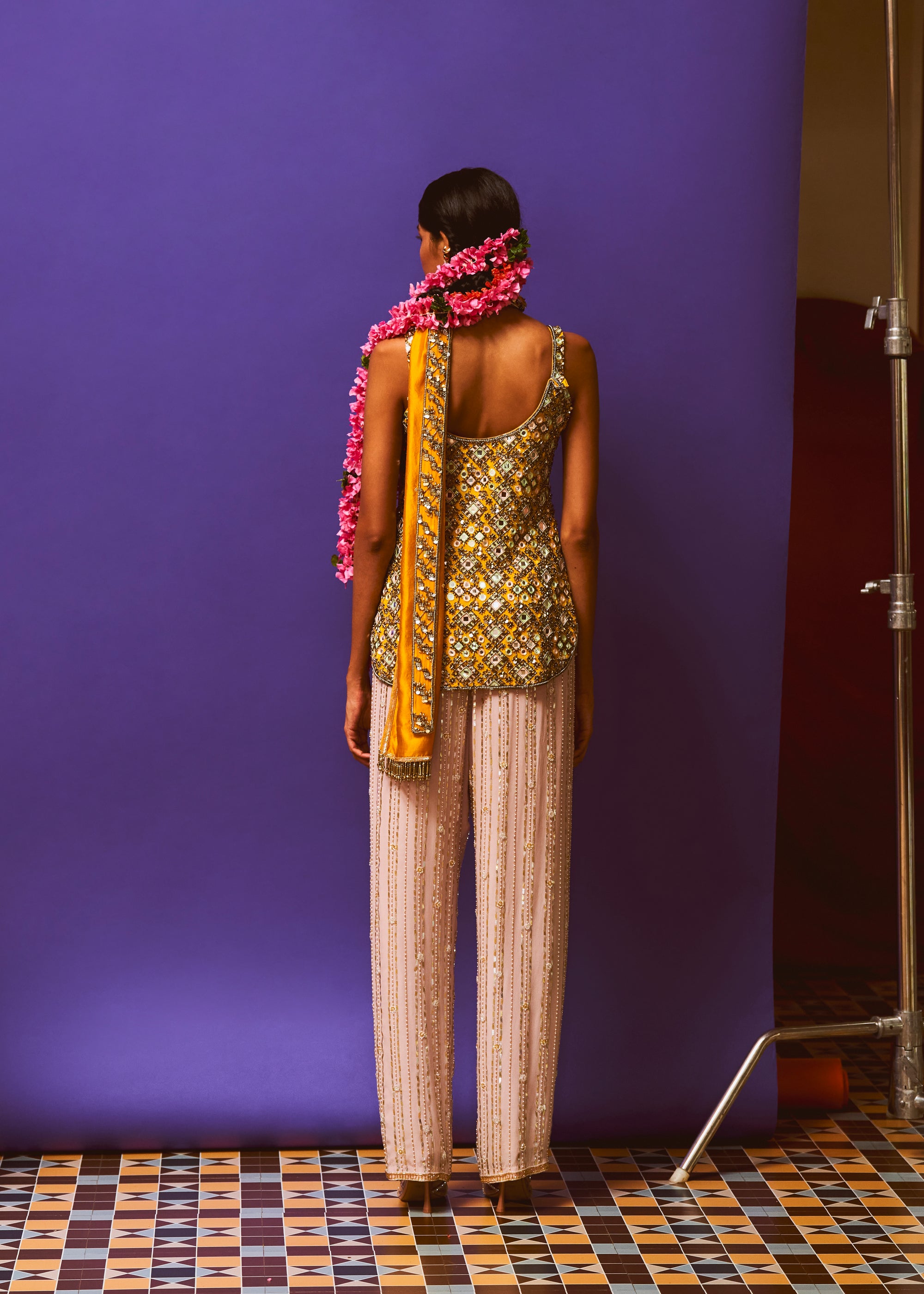 Saffron Mustard Embellished Short Kurta, Lilac sequin Straight Pant And Mustard Sash
