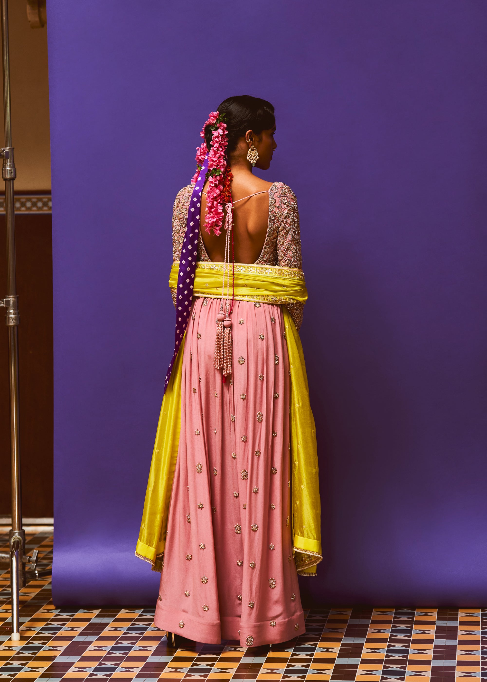 Bijou Rose Pink Embroidered Anarkali, Bijou rose Pink Benaras Pant, Lemon Neon Yellow embroidered Organza Dupatta