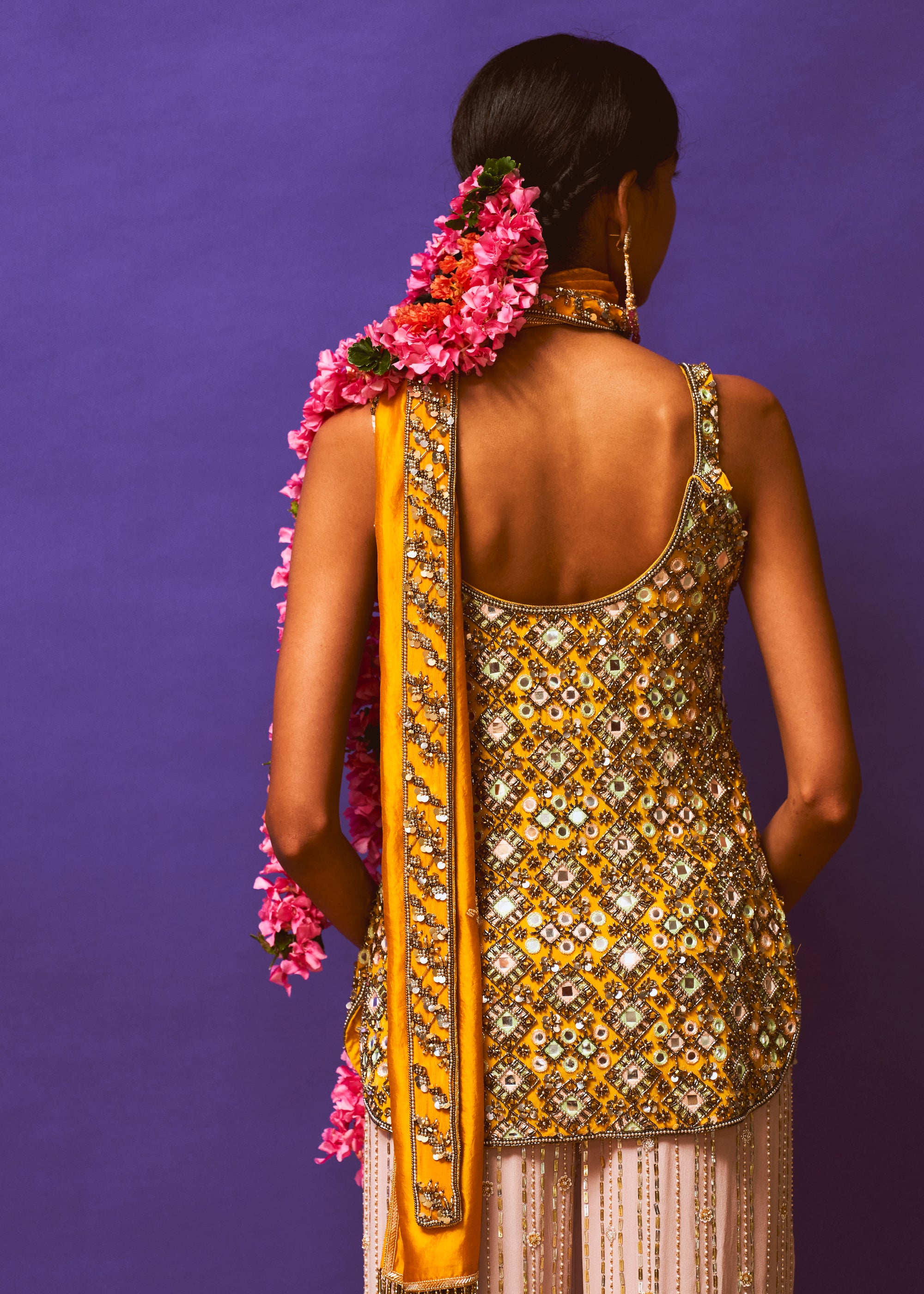 Saffron Mustard Embellished Short Kurta, Lilac sequin Straight Pant And Mustard Sash