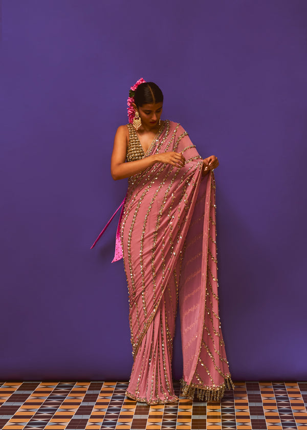 Cabochon Rose Pink Pre Pleated Sari with Rose Embellished Blouse