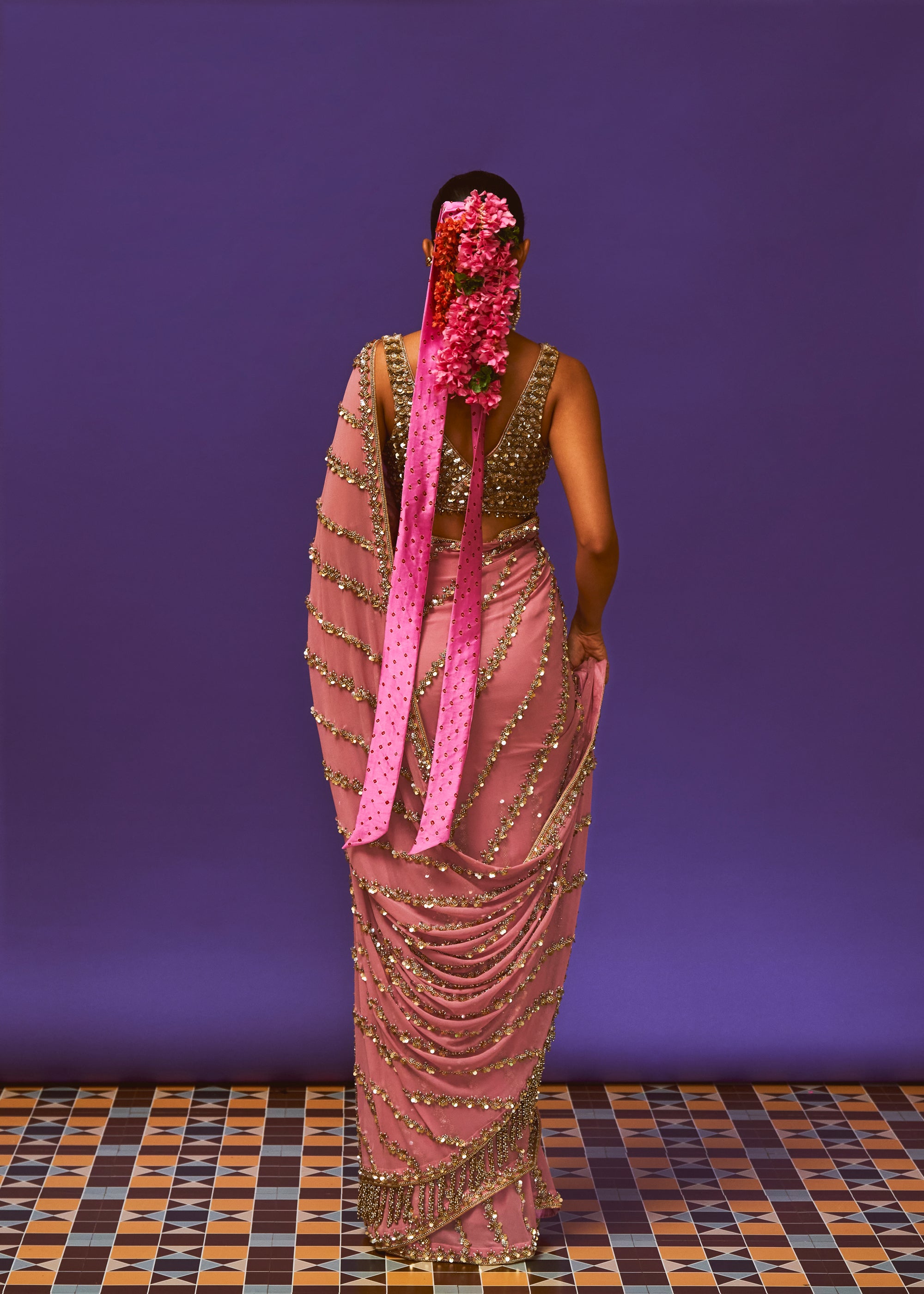 Cabochon Rose Pink Pre Pleated Sari with Rose Embellished Blouse