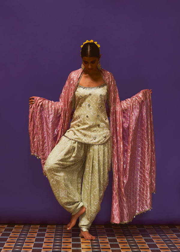 Mint Bandhni Kurta, Mint Bandhani Dhoti pant And Chrysanthemum Dupatta