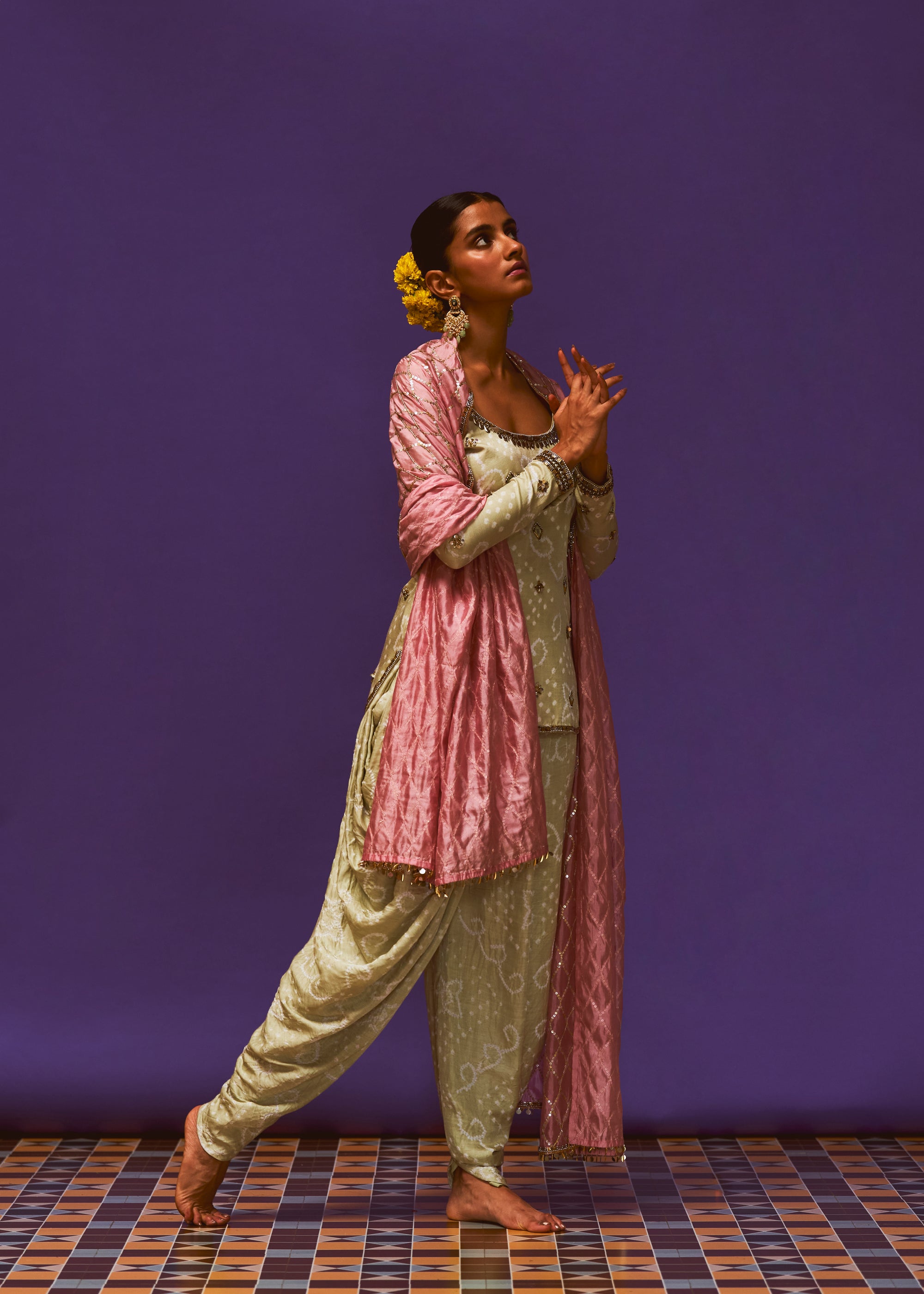 Mint Bandhni Kurta, Mint Bandhani Dhoti pant And Chrysanthemum Dupatta