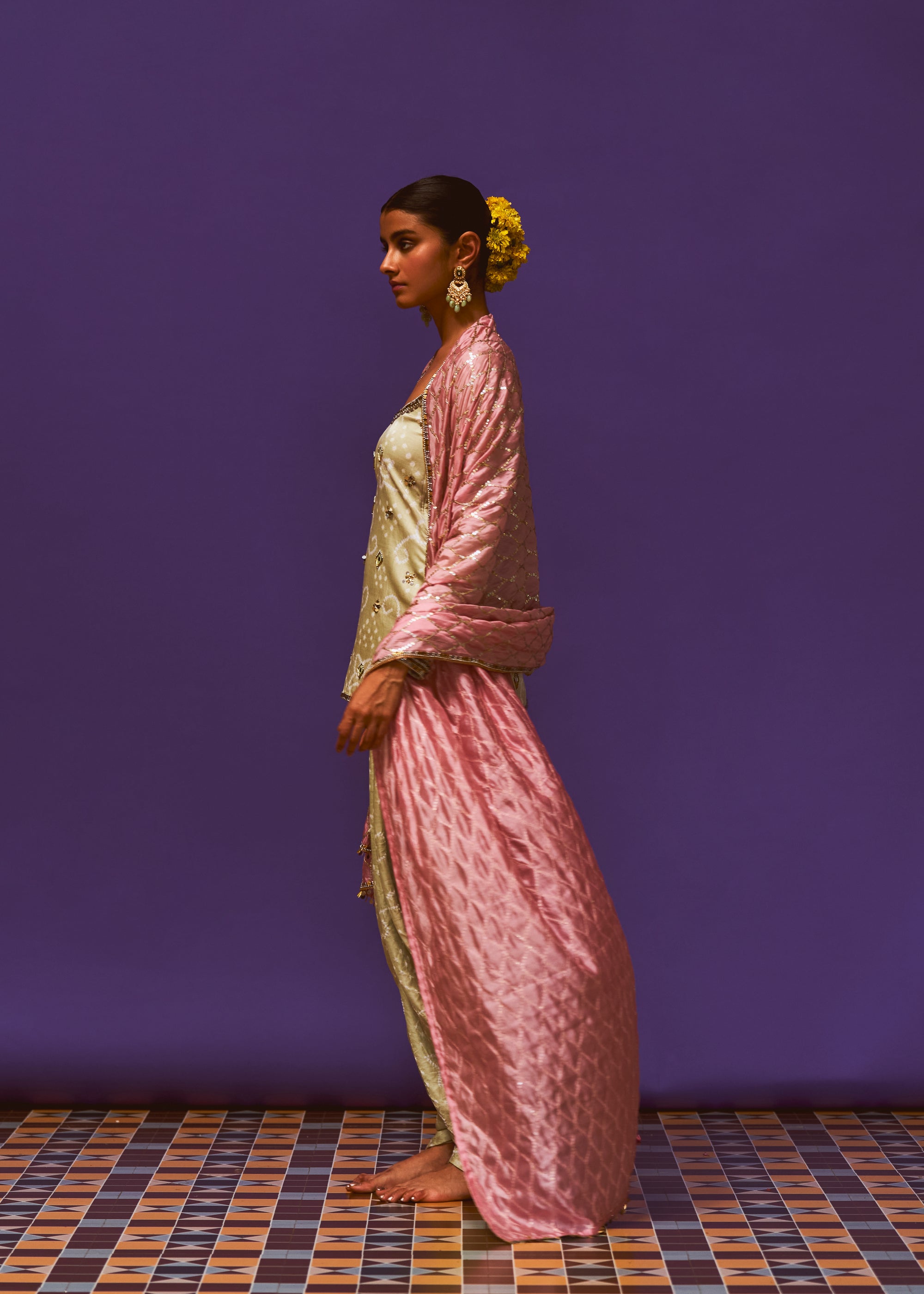 Mint Bandhni Kurta, Mint Bandhani Dhoti pant And Chrysanthemum Dupatta