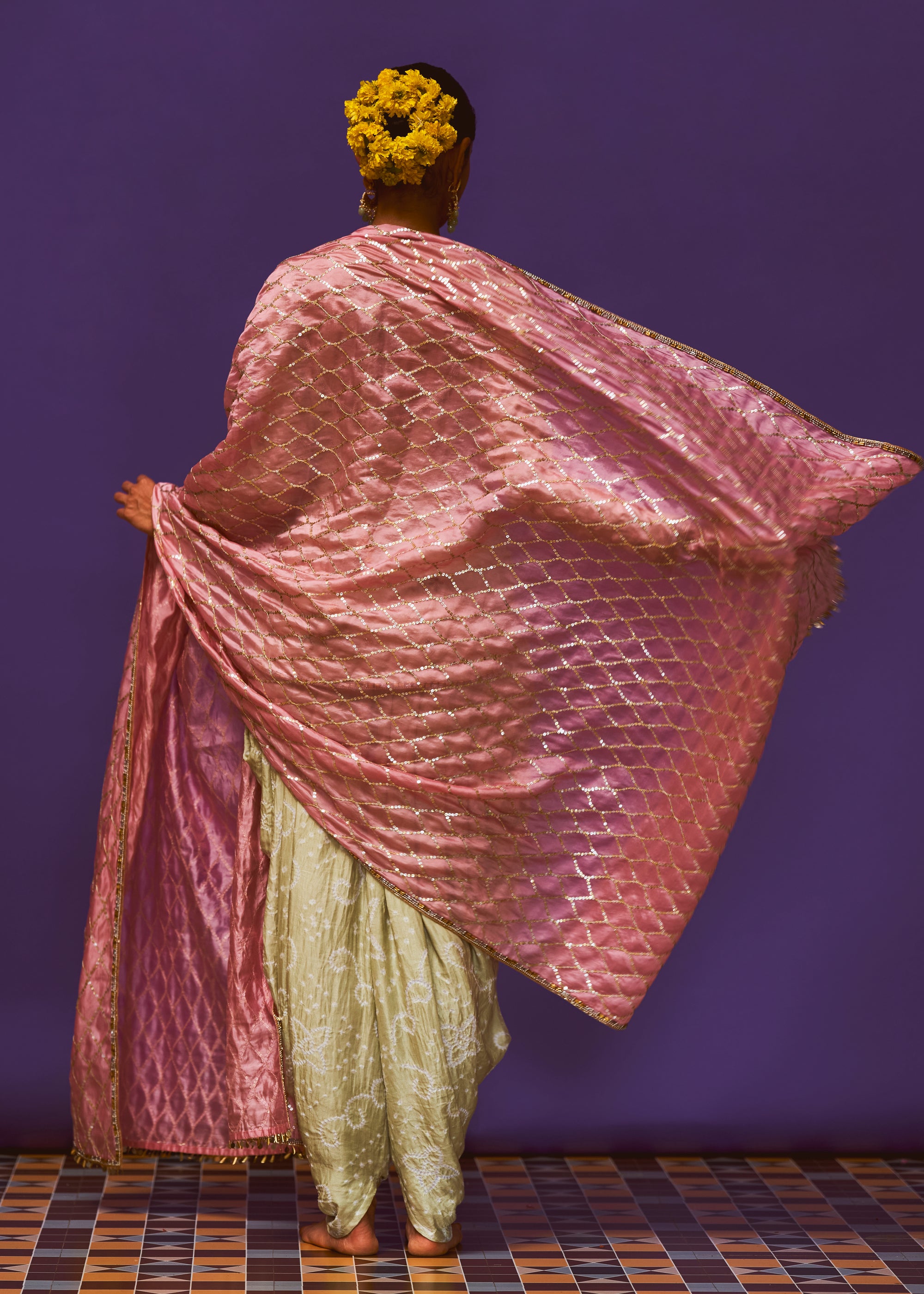 Mint Bandhni Kurta, Mint Bandhani Dhoti pant And Chrysanthemum Dupatta