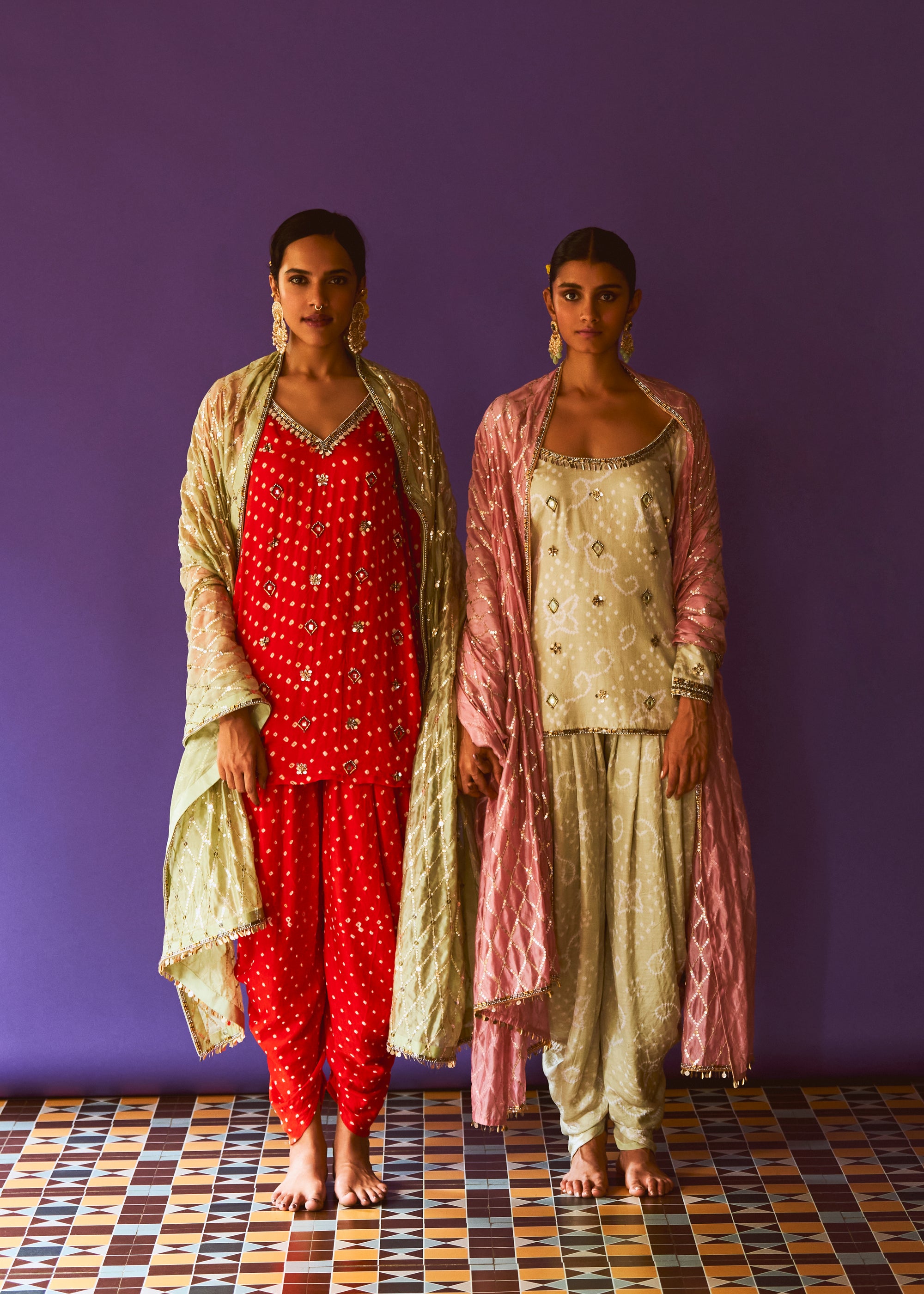 Dahlia Bandhani Aline Kurta, Dahlia Dhoti pant And Mint Diamond Dupatta