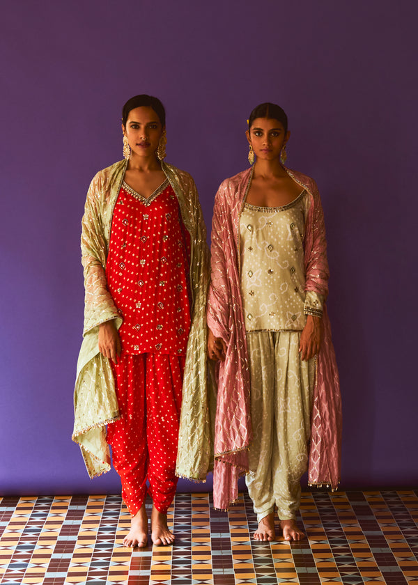 Dahlia Bandhani Aline Kurta, Dahlia Dhoti pant And Mint Diamond Dupatta