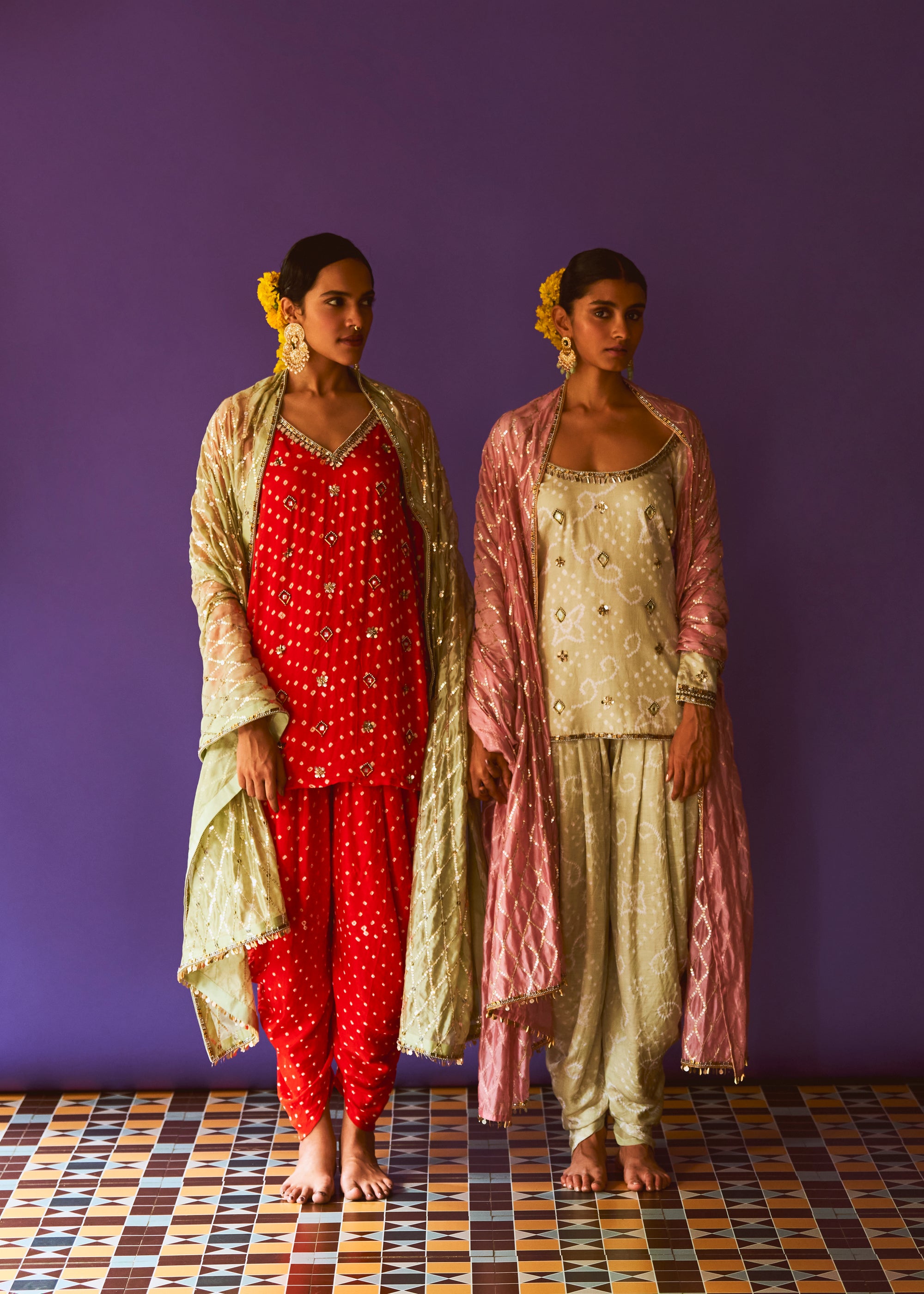 Dahlia Bandhani Aline Kurta, Dahlia Dhoti pant And Mint Diamond Dupatta