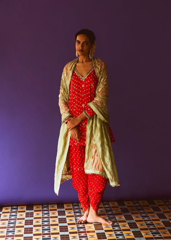 Dahlia Bandhani Aline Kurta, Dahlia Dhoti pant And Mint Diamond Dupatta
