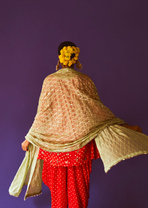 Dahlia Bandhani Aline Kurta, Dahlia Dhoti pant And Mint Diamond Dupatta