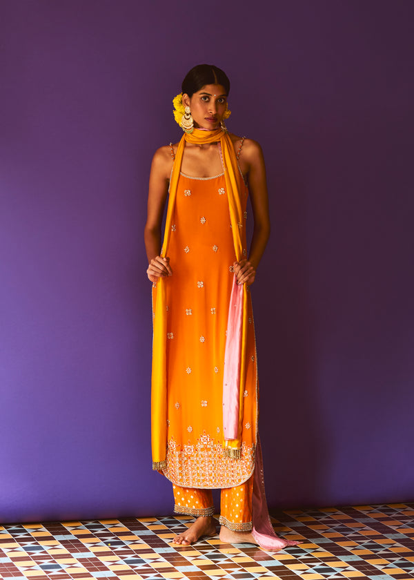 Amber Slip Kurta, Amber Benaras Pant, mustard Stole And Rose Embroidered Stole