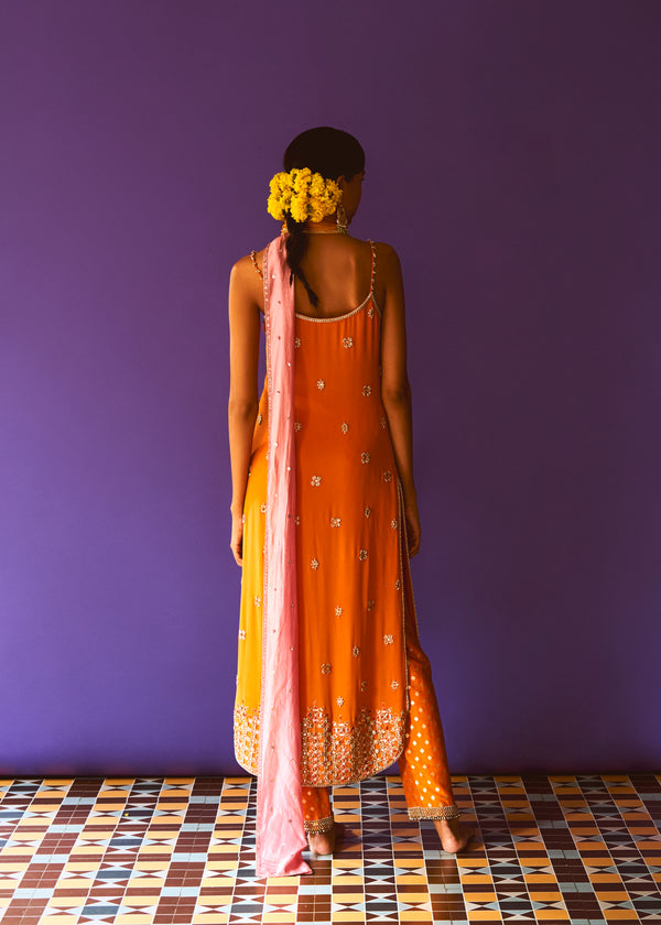 Amber Slip Kurta, Amber Benaras Pant, mustard Stole And Rose Embroidered Stole